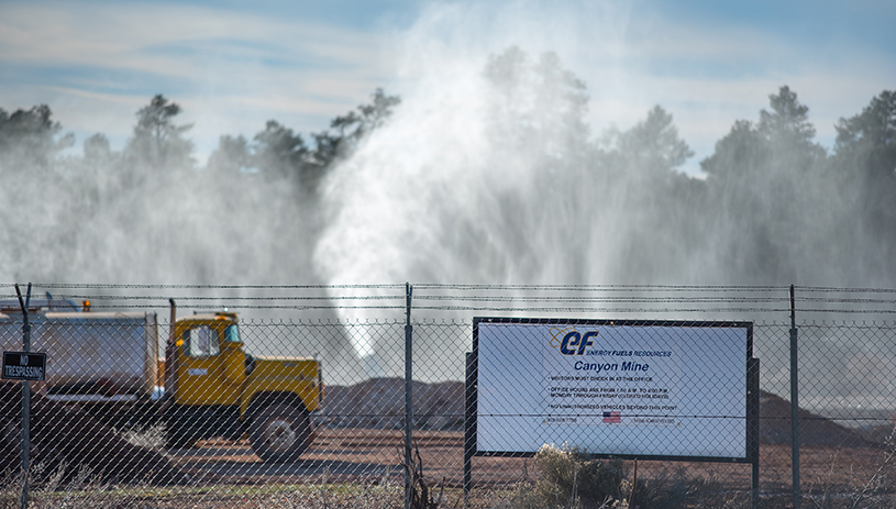 Water cannons shooting water into the air at Canyon Mine to speed up evaporation. BLAKE MCCORD