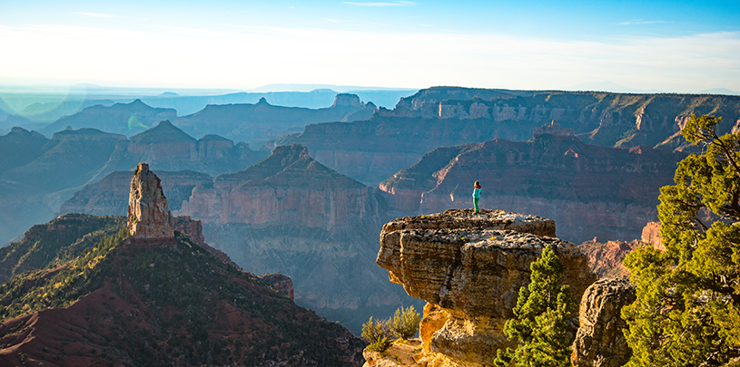 Hiker overlooks north rim of Grand Canyon