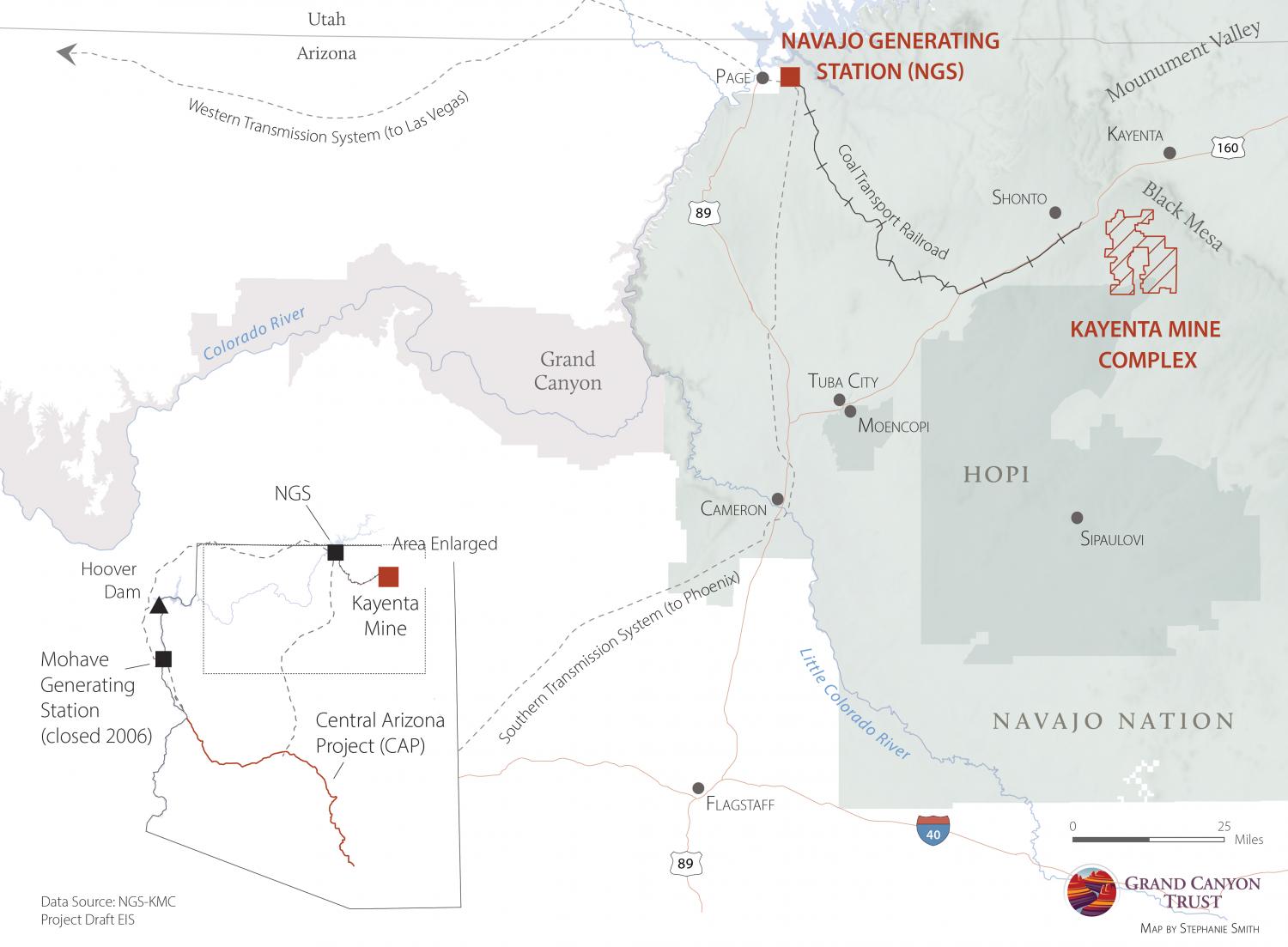 Map of NGS, Kayenta Mine Complex, and Central Arizona Project
