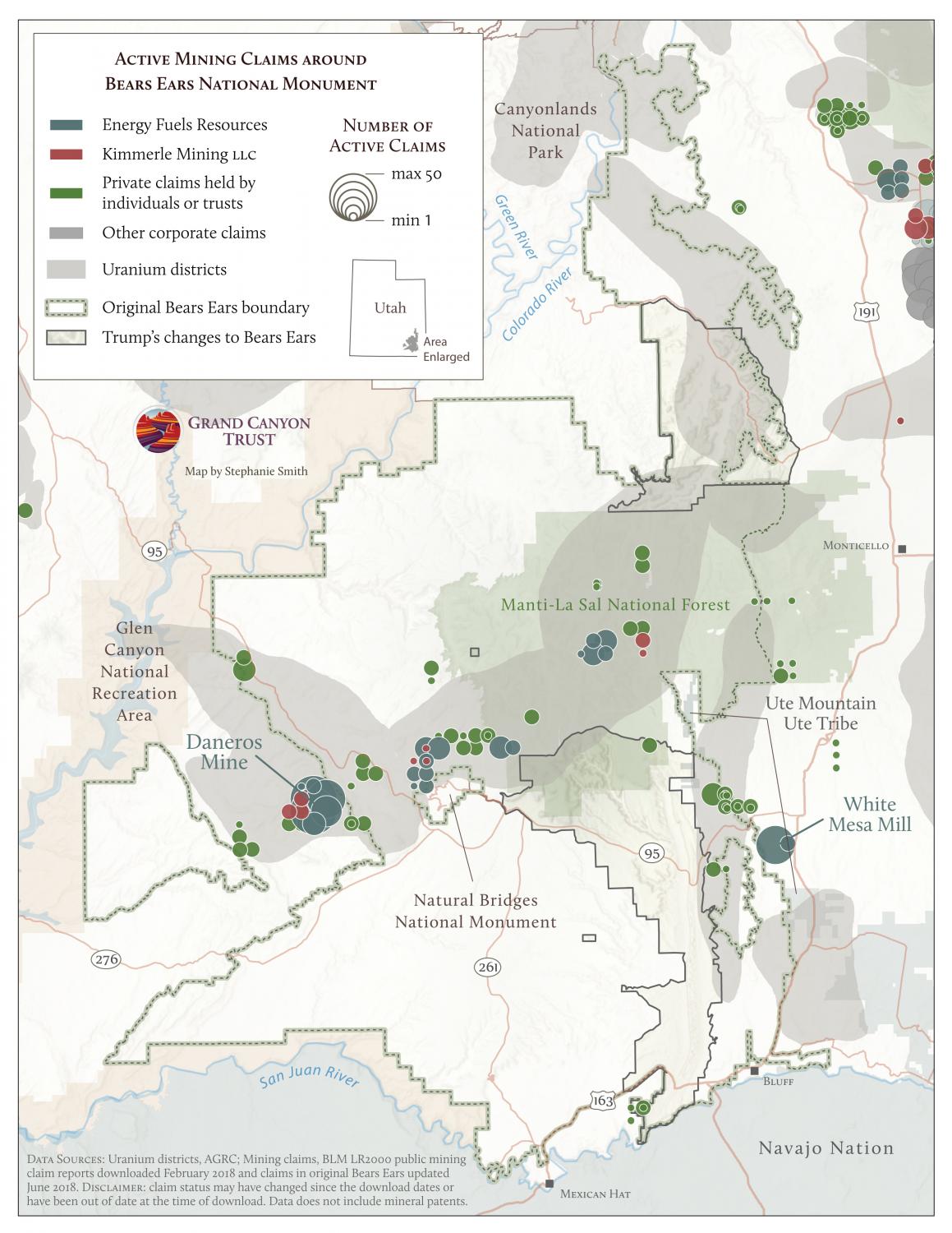 Map of active mining claims around Bears Ears with ownership data