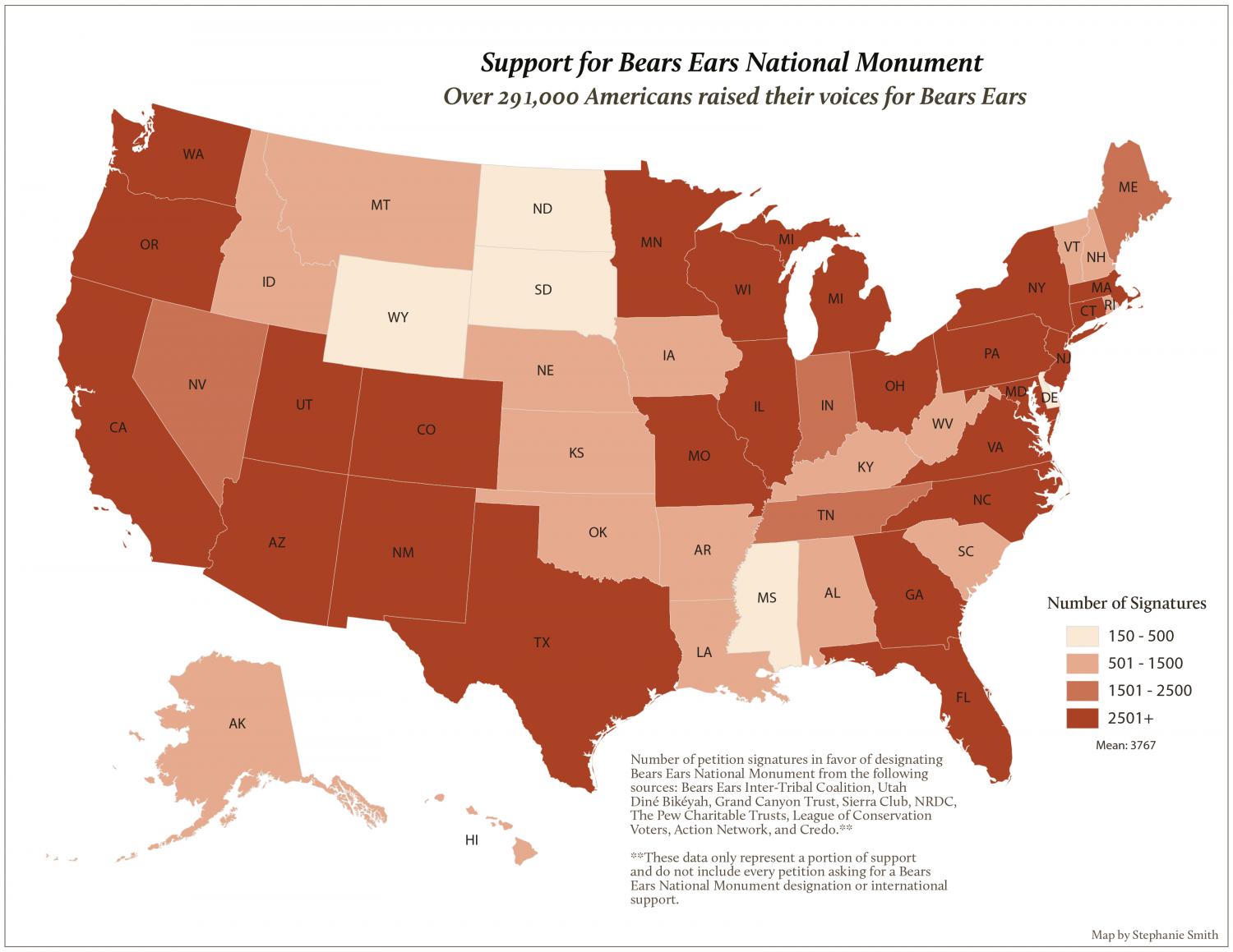 Map of U.S. support for Bears Ears National Monument