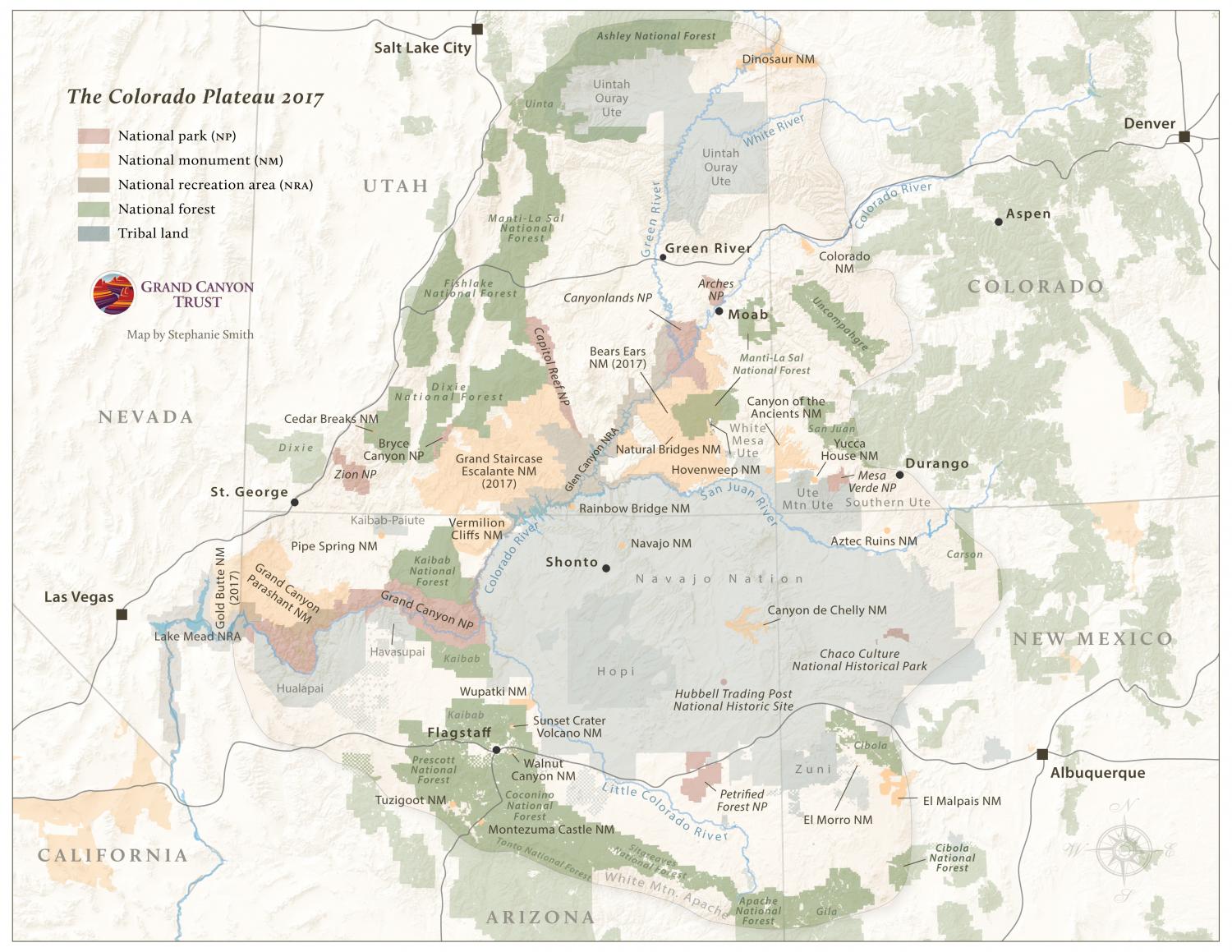 Tribal lands and National Parks, Monuments and Forests on the Colorado Plateau