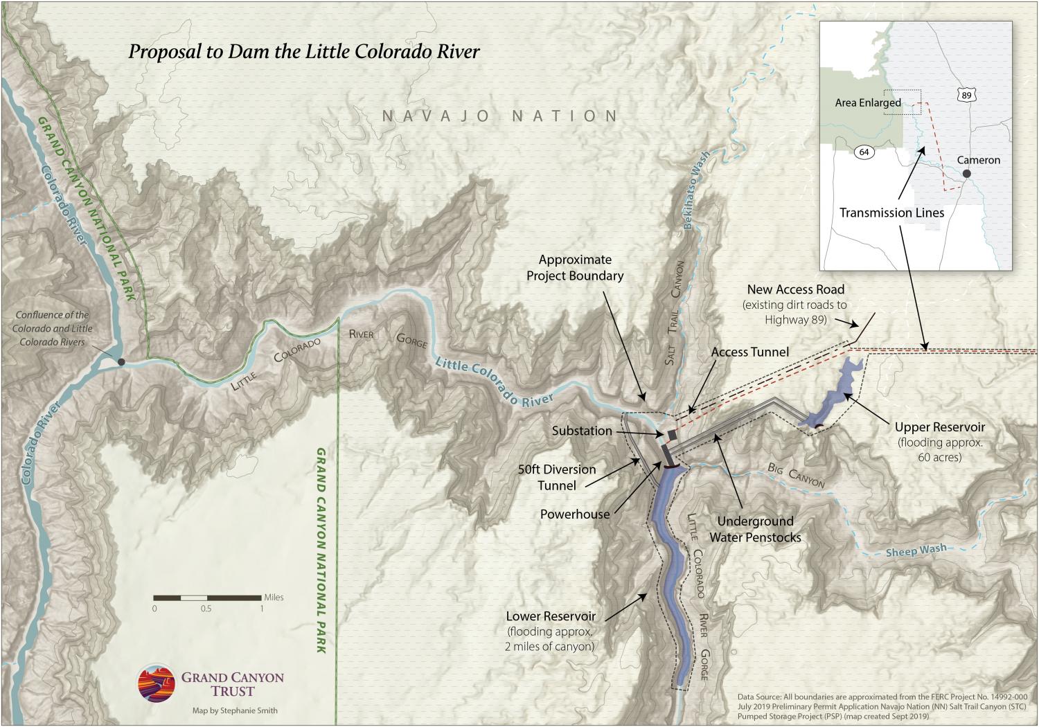 Map of new dam proposal near Grand Canyon