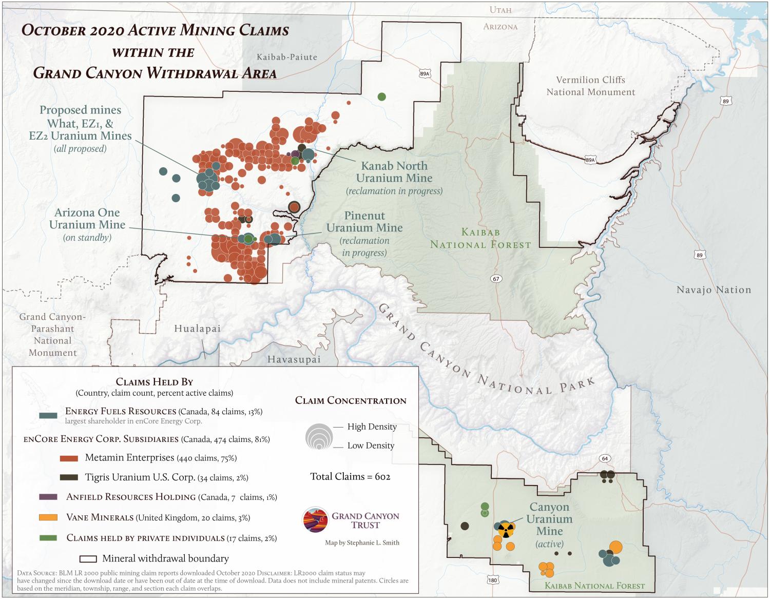 Active mining claims within the Grand Canyon withdrawal area, October 2020