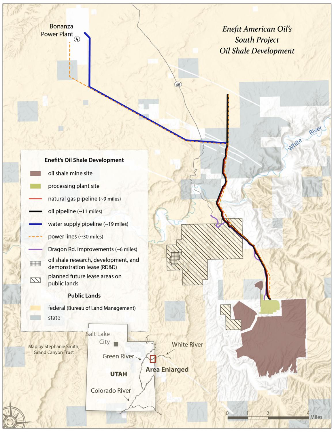 Map of Enefit oil shale project and pipelines, Utah. Credit: Stephanie Smith, Grand Canyon Trust