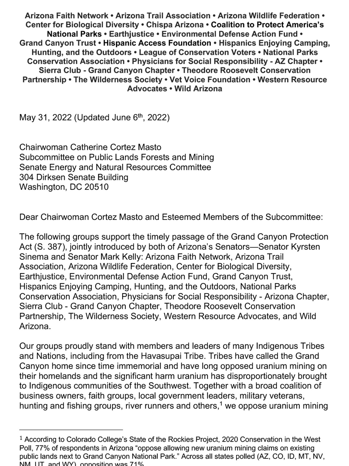 Coalition letter of support for the Grand Canyon Protection Act
