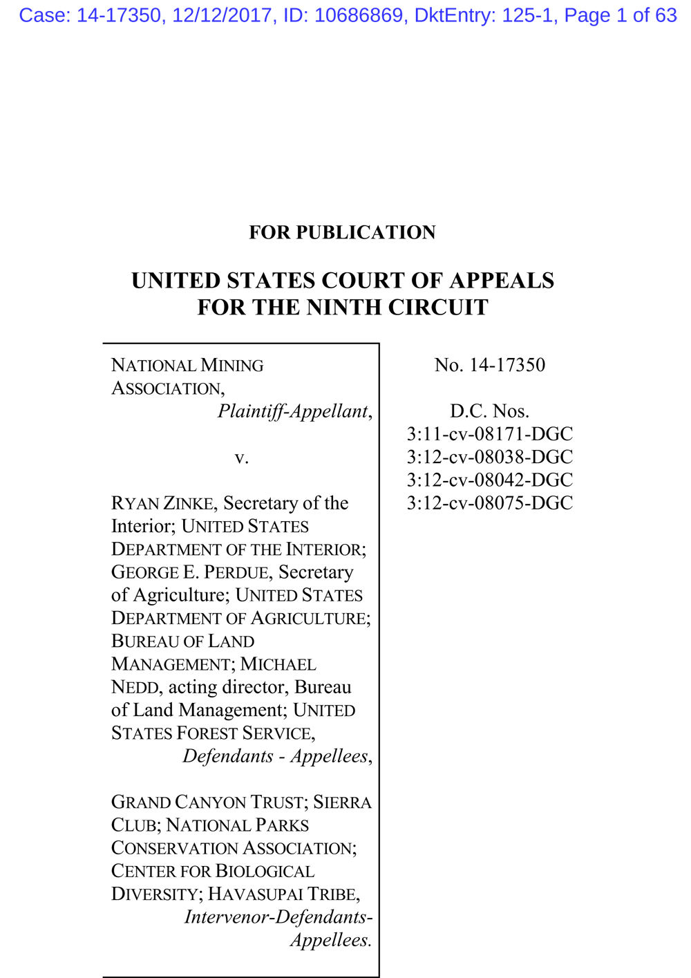 9th Circuit decision upholding Grand Canyon mineral withdrawal, first page