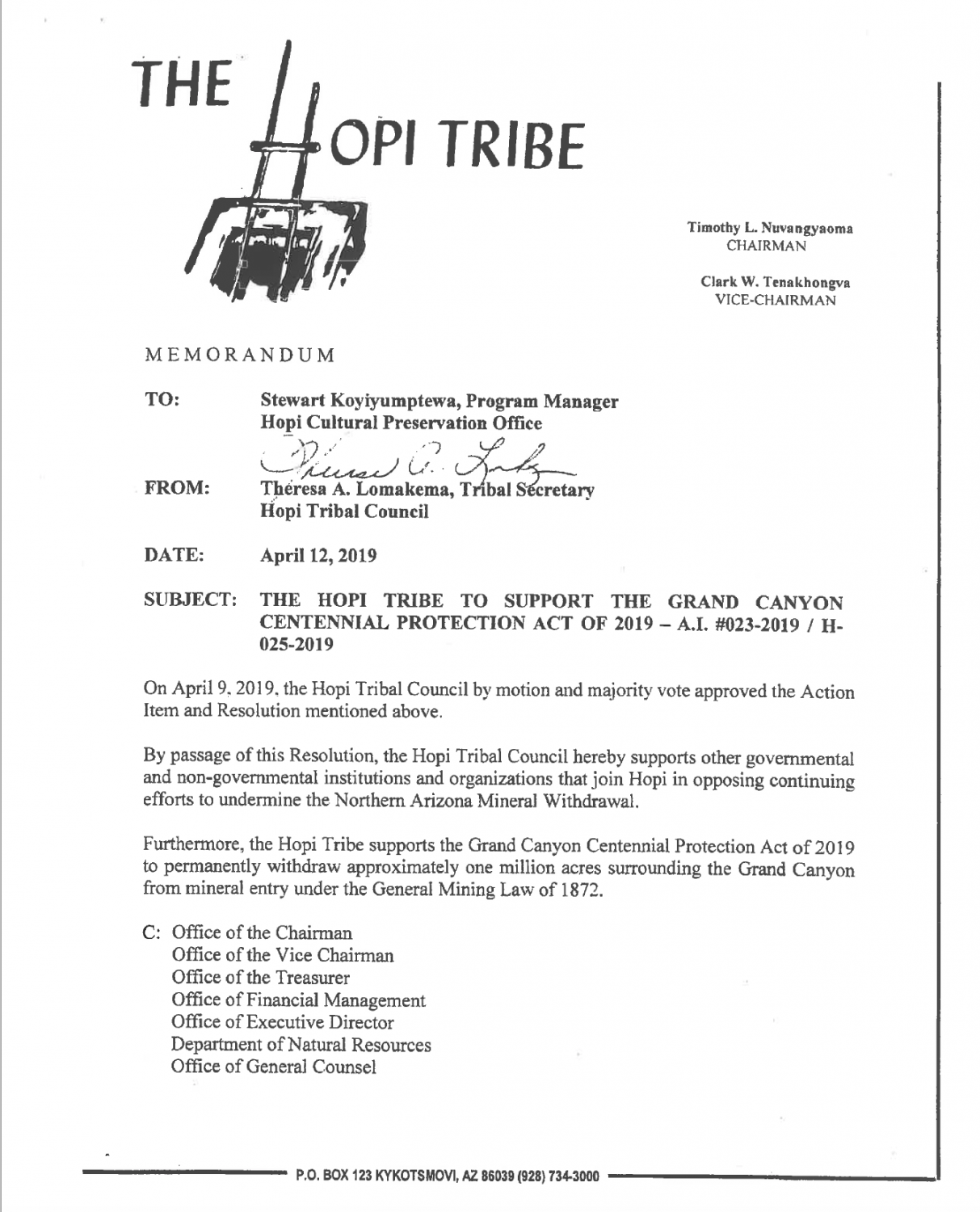 Page 1 of the Hopi Tribe Resolution