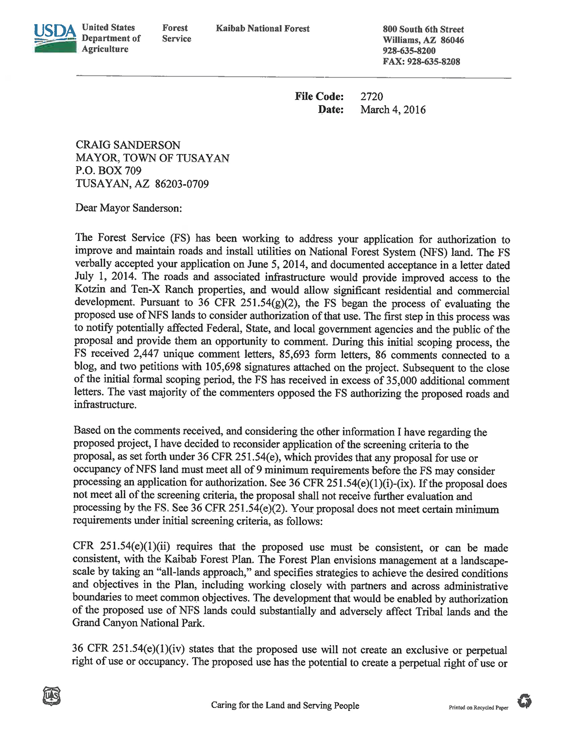 Letter to Tusayan regarding road easement