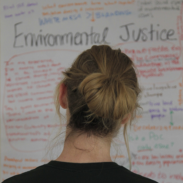 A student looks at a whiteboard with notes written on it about Environmental Justice