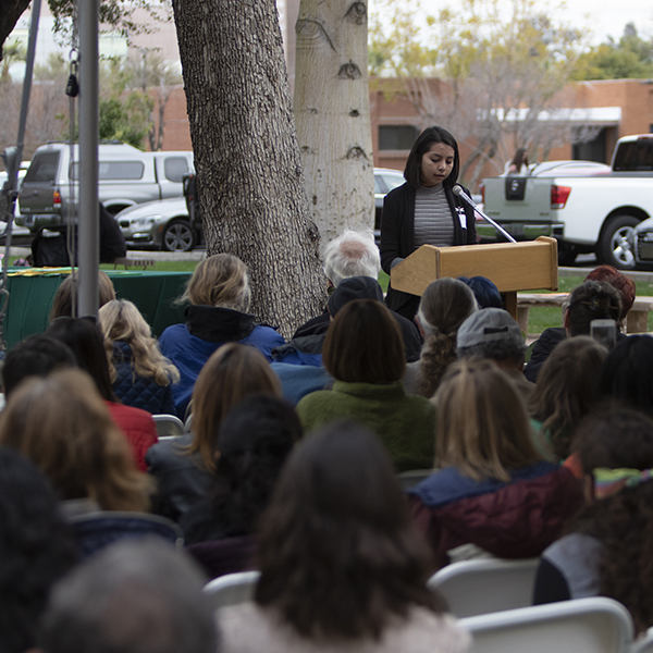 A student speaks at the Capitol.