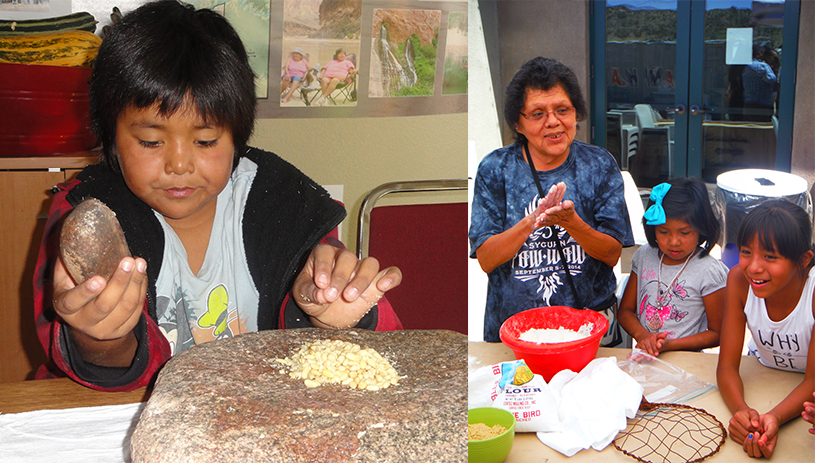 LEFT: Running Wolf Havatone making pinon butter on the grinding stone. RIGHT: Hualapai Ethnobotany Youth Project elder Jorigine Paya instructing youth on making dough for bread on hot coals to spread pinon butter on. CARRIE CALISAY CANNON