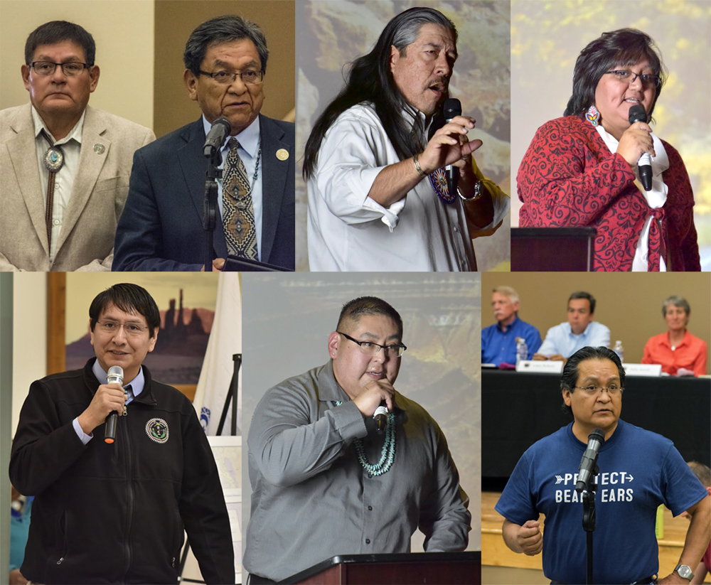 Tribal leaders (clockwise from top left) Navajo Nation Council Speaker LoRenzo Bates with Navajo Nation President Russell Begaye, Ute Indian Tribe Business Committee Chairman Shaun Chapoose, former Ute Mountain Ute Tribal Councilwoman Regina Lopez-Whiteskunk; Navajo Nation Vice President Jonathan Nez, Pueblo of Zuni Councilman Carleton Bowekaty, and Hopi Vice Chairman Alfred Lomahquahu speak out in support of Bears Ears National Monument. TIM PETERSON 