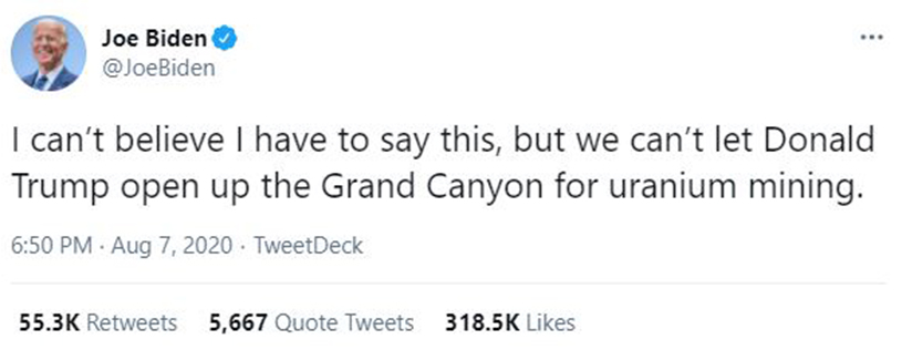 Biden tweet of support for protecting the Grand Canyon