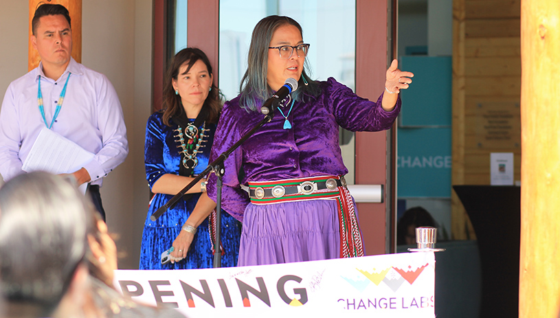 Jessica Stago, cofounder of Change Labs, speaks during the grand opening celebration. WENDY HOWELL, NAVAJO-HOPI OBSERVER