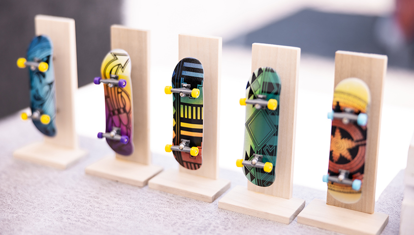 Mini skateboards by Keith and Leanne Edaakie. Photo by Raymond Chee
