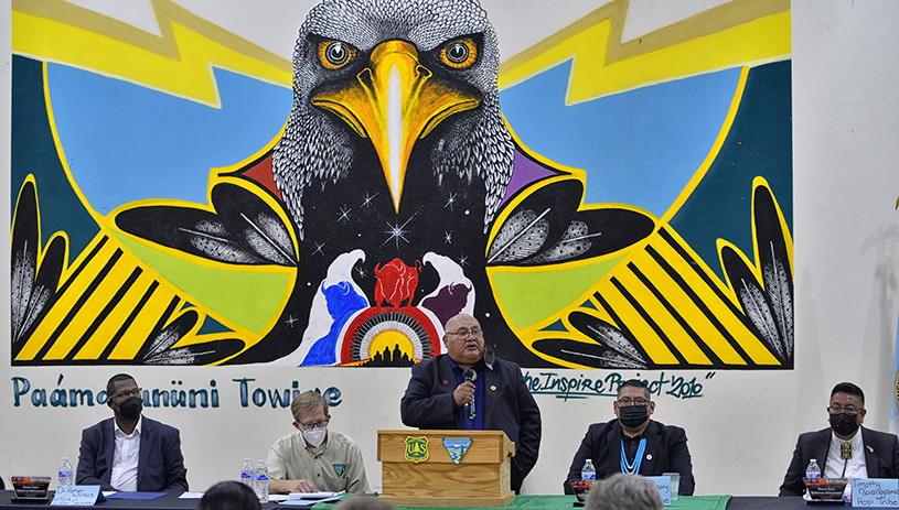 Malcolm Lehi (Ute Mountain Ute Tribe) addresses the group. TIM PETERSON