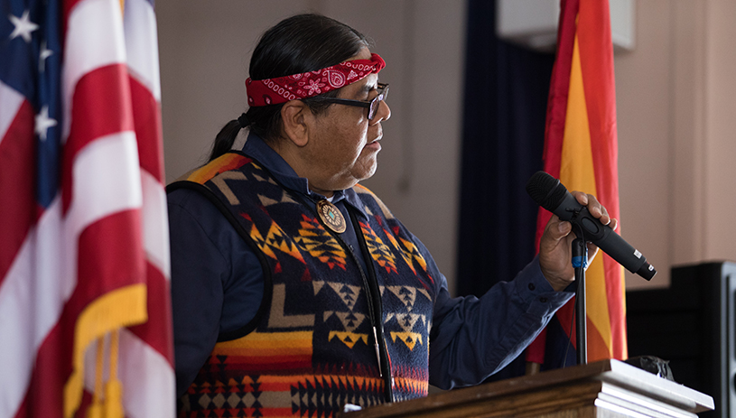 Matthew Putesoy (Havasupai Tribal Council) speaks in support of another Grand Canyon mining ban bill at Grand Canyon National Park on Feb 26, 2019. Credit: Amy S. Martin.