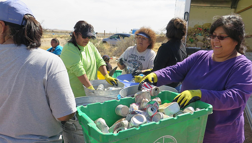 Picking up trash and recycle at First Mesa