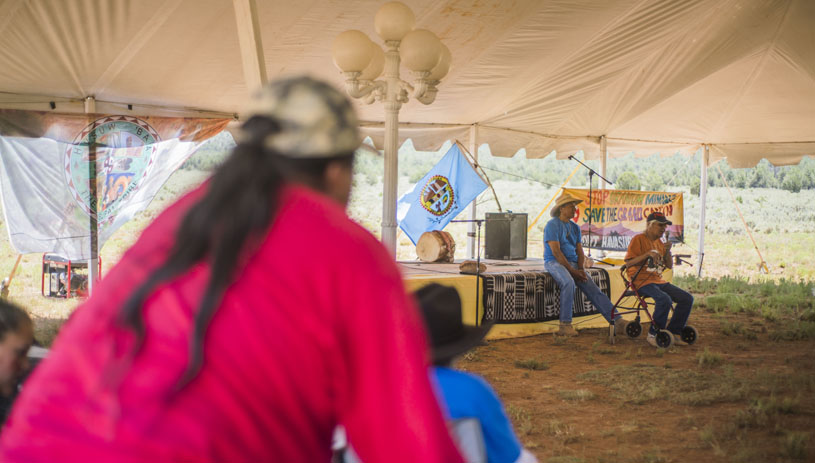 Rex Tilousi addresses the 2017 gathering at Red Butte. Photo by Jake Hoyungowa