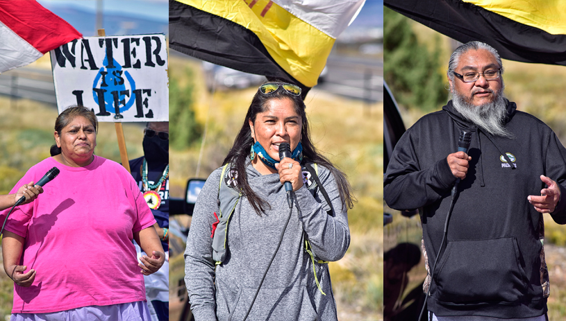 Yolanda Badback, Davina Smith, and Michael Badback address walkers. Photos by Tim Peterson