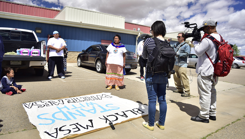 Ute Mountain Ute elder Thelma Whiskers addresses reporters before the spiritual walk. TIM PETERSON