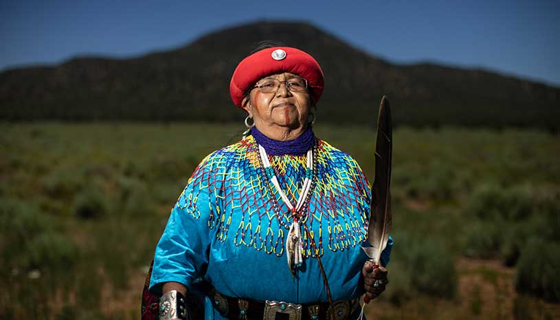 Dianna Sue White Dove Uqualla dressed in traditional Havasupai clothes.