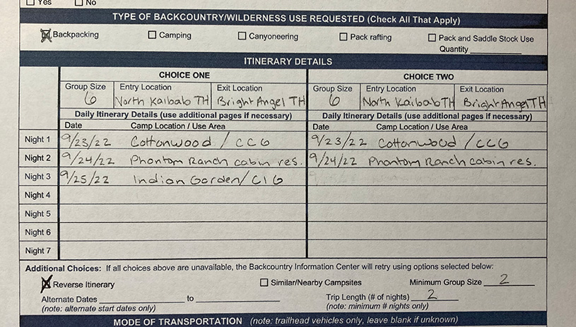 An example Grand Canyon backcountry permit with Phantom Ranch cabin reservation.