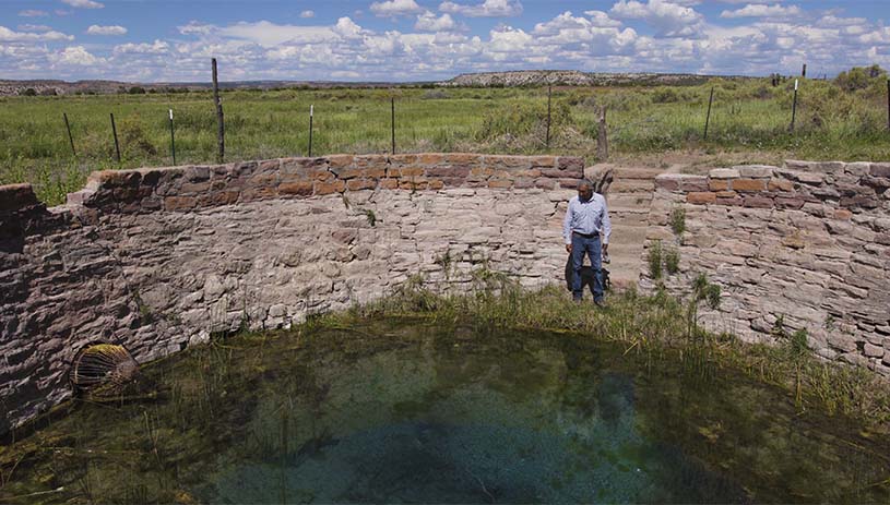 Jim stands at the spring by his farm fields. Deidra Peaches