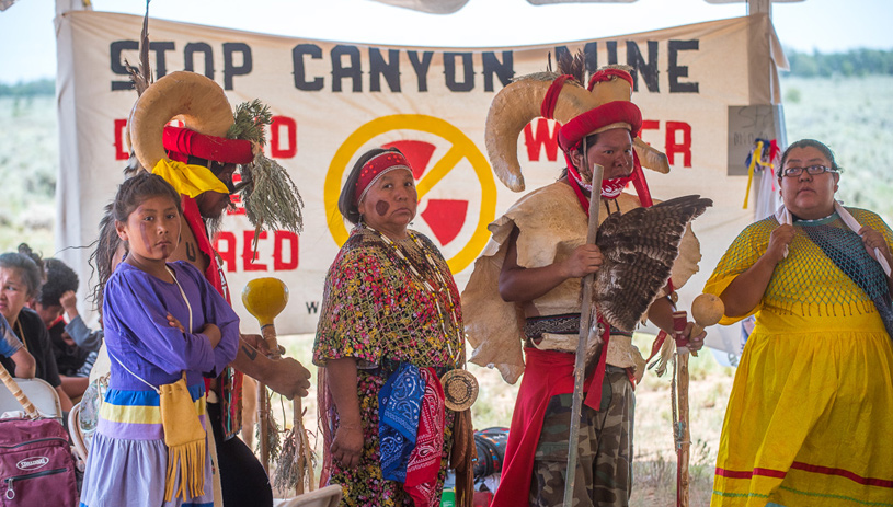 Coleen Kaska (second from left) and other Havasupai tribal members protest the Canyon uranium mine in 2017, during the intertribal gathering at Red Butte. Blake McCord