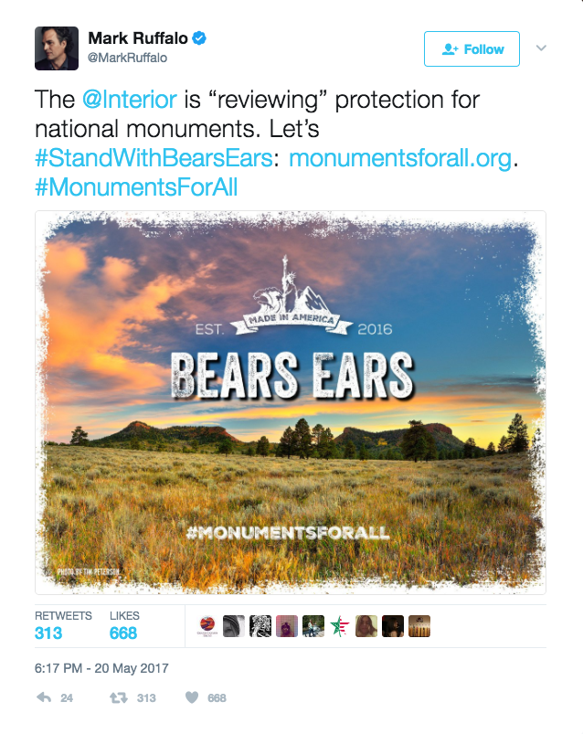 Mark Ruffalo tweets for Bears Ears