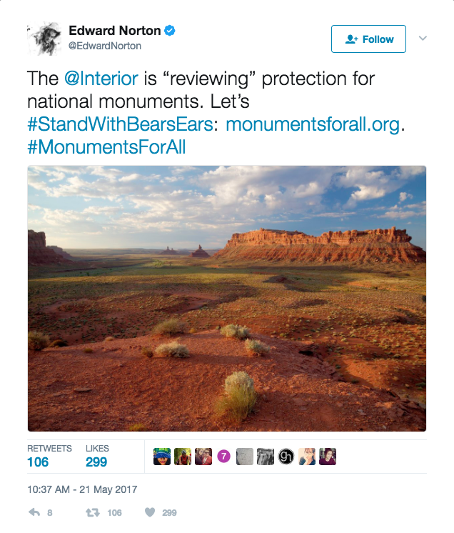 Ed Norton tweets for Bears Ears