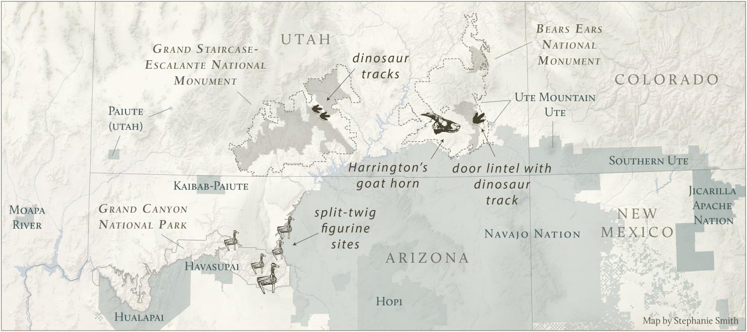 Map of fossils in Grand Canyon, Grand Staircase-Escalante, and Bears Ears.
