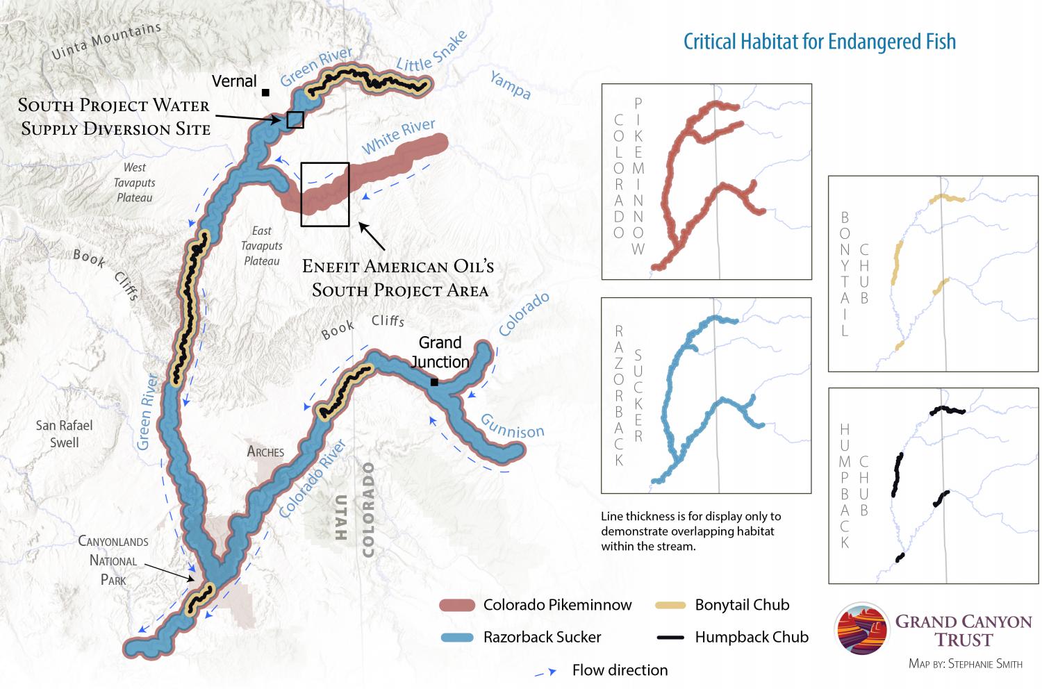 Map of at risk critical habitat downstream from Enefit American Oil's South Project.