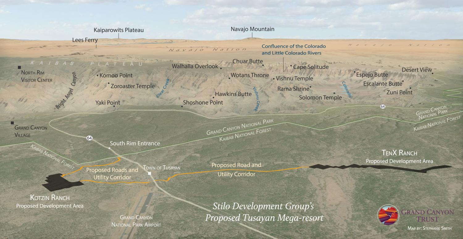 Map of the Stilo Development Group's proposed Tusayan mega-resort and Grand Canyon National Park.