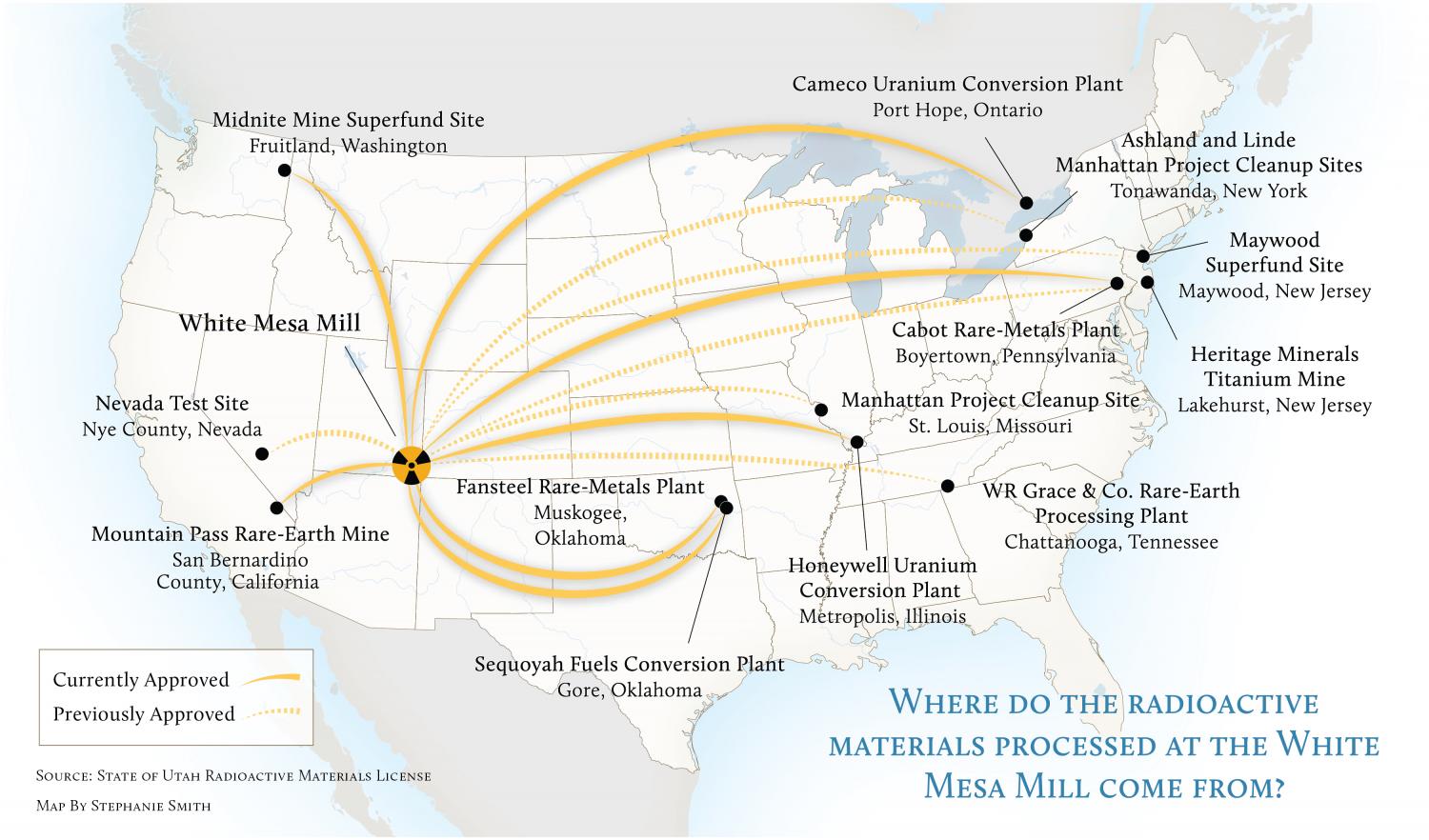Map of where radioactive materials processed at White Mesa Mill come from.