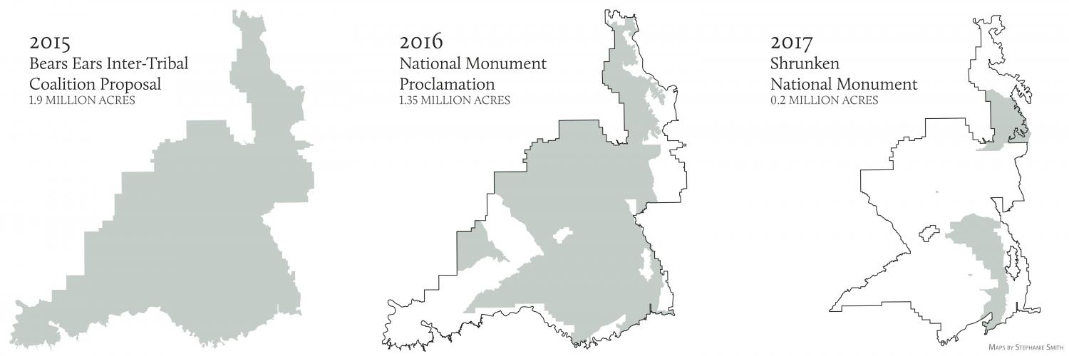 Map of the boundary of Bears Ears National Monument through time.