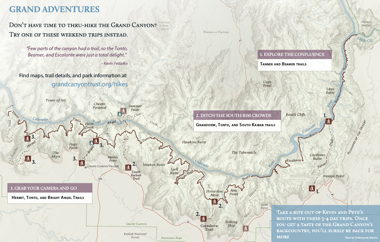 Map of hikes in the Grand Canyon.
