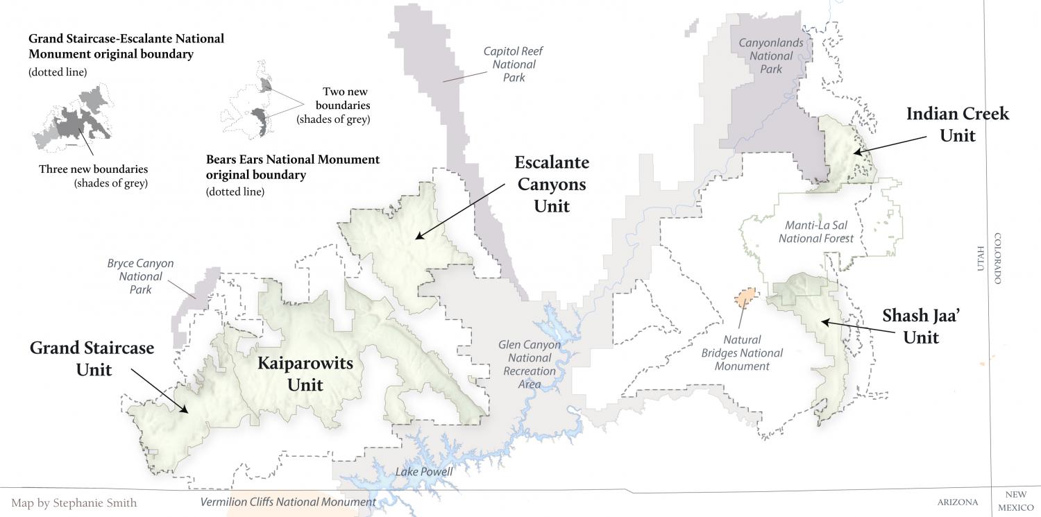 Map of Trump's changes to Bears Ears and Grand Staircase-Escalante National Monuments.