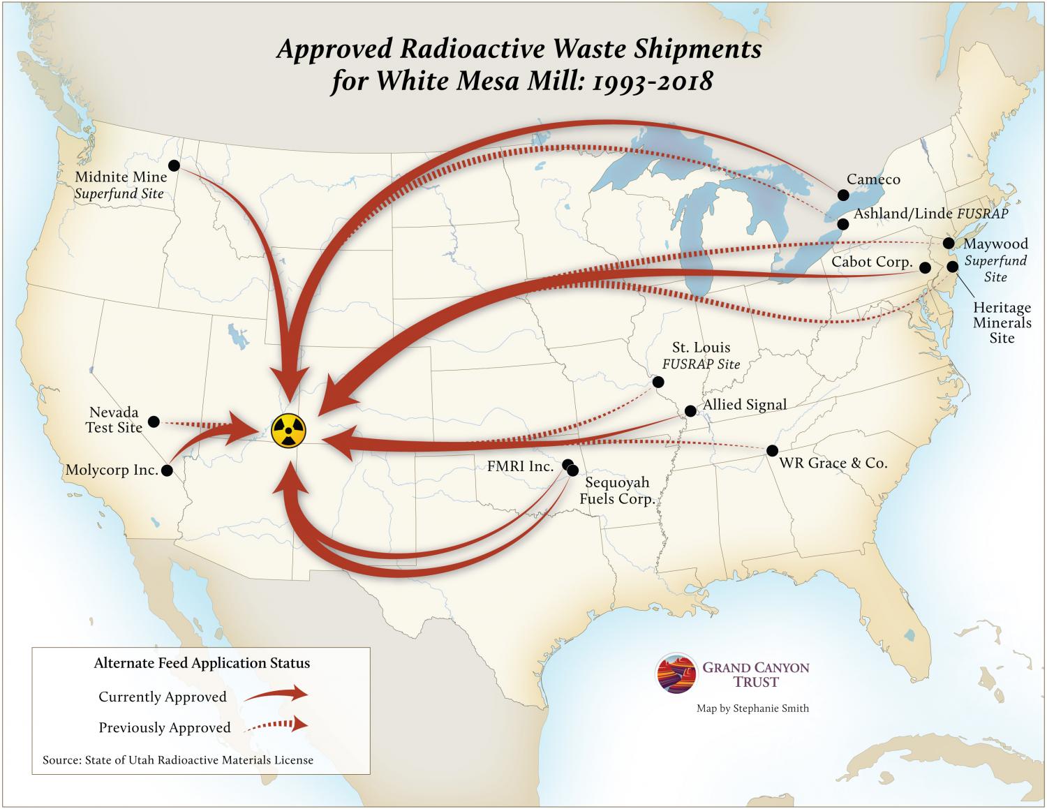 Map of Radioactive Waste Shipments Approved for White Mesa Mill