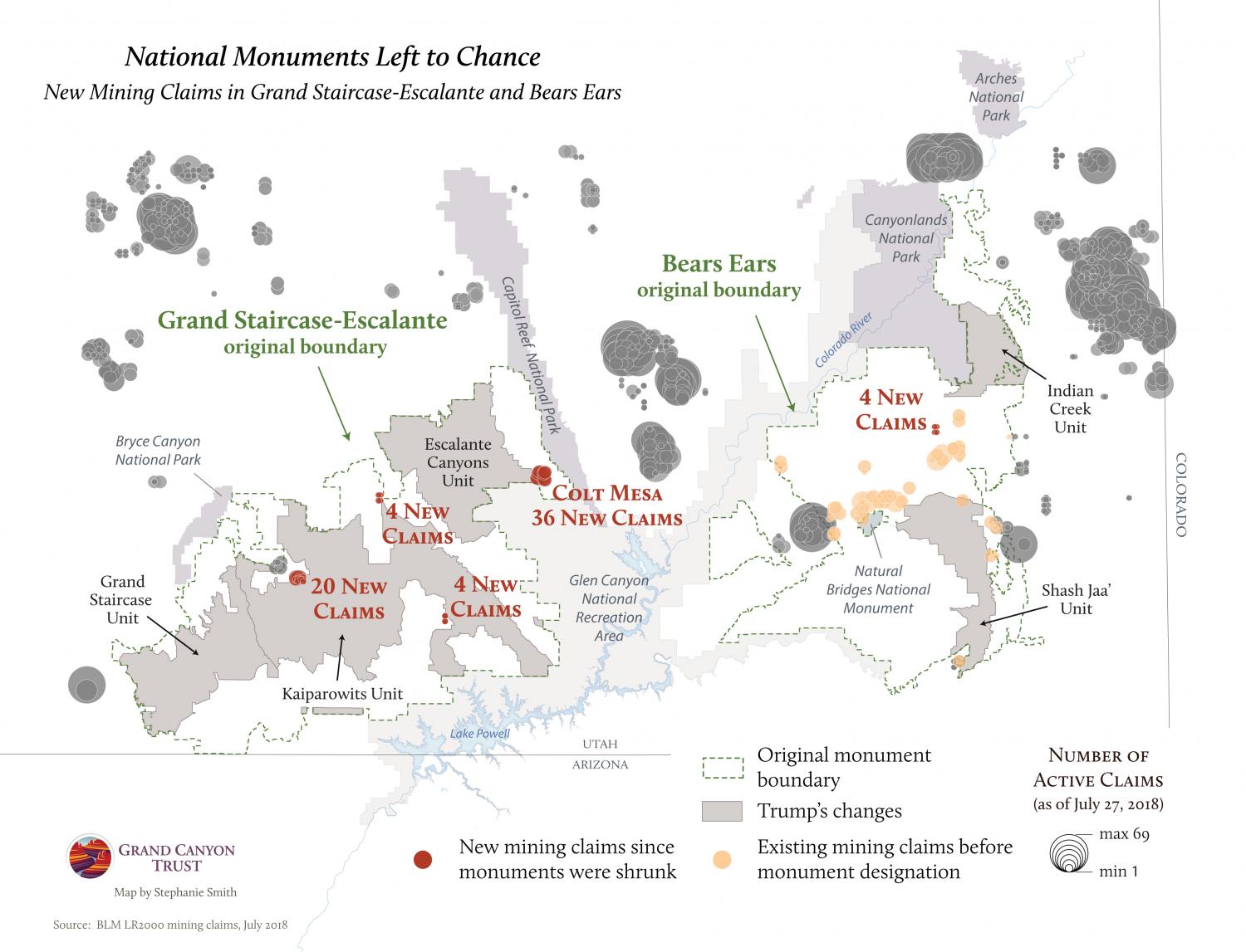 Map of mining claims in Grand Staircase-Escalante and Bears Ears.