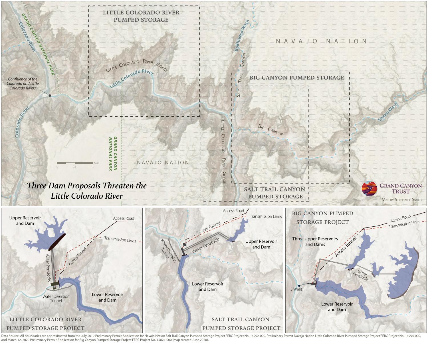 Map of three dam proposals that threaten Little Colorado River