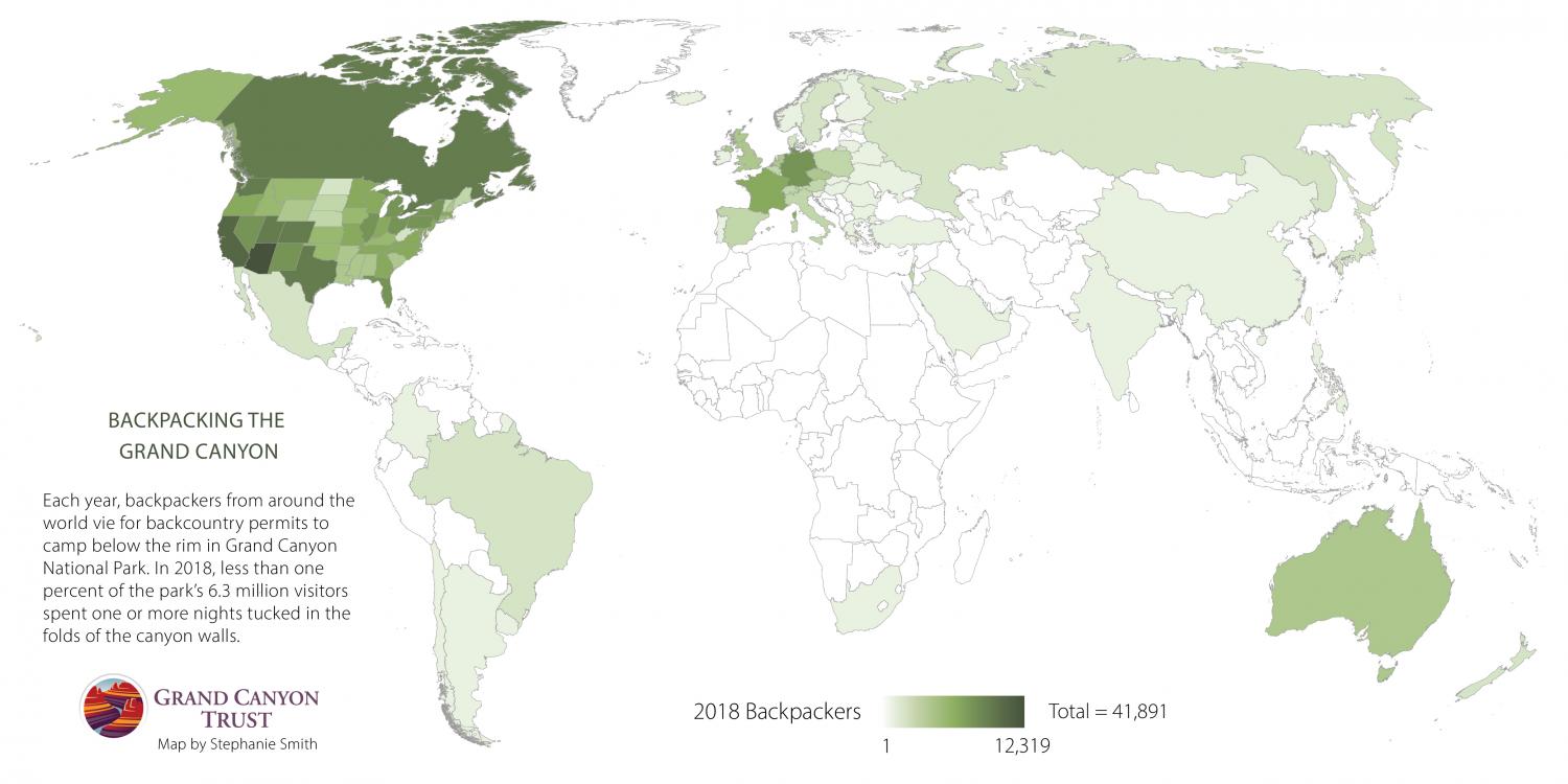 Map of backcountry permits from around the world for Grand Canyon National Park.