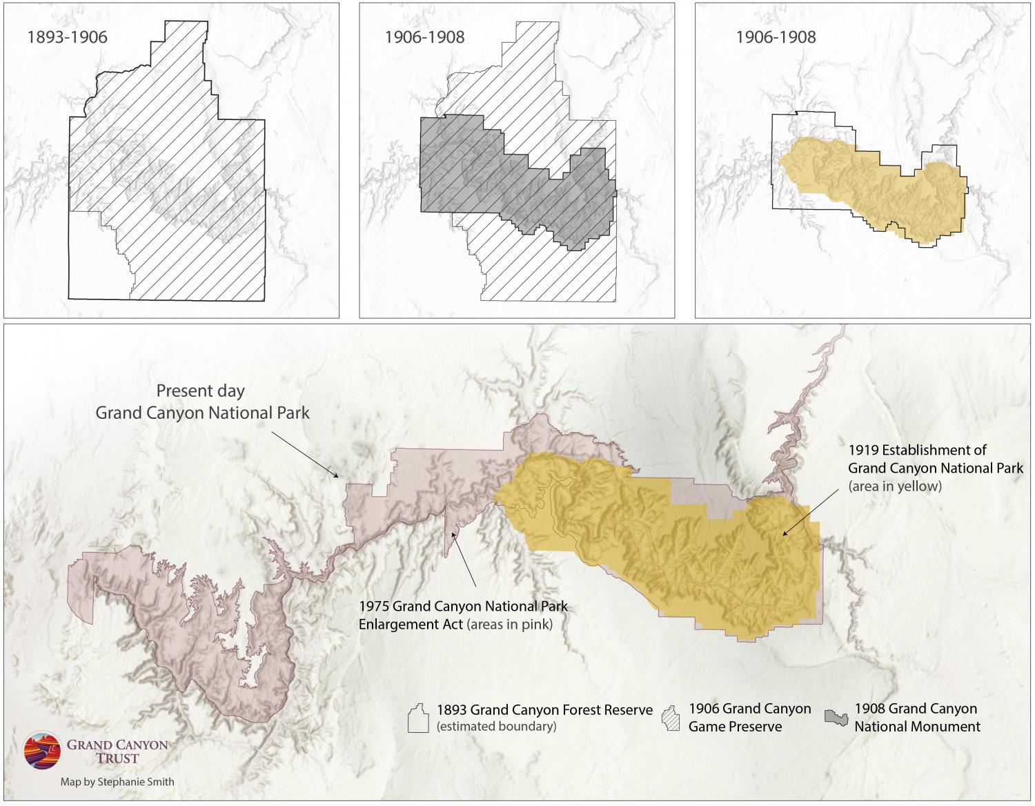 Map of historic boundaries and present day Grand Canyon National Park.