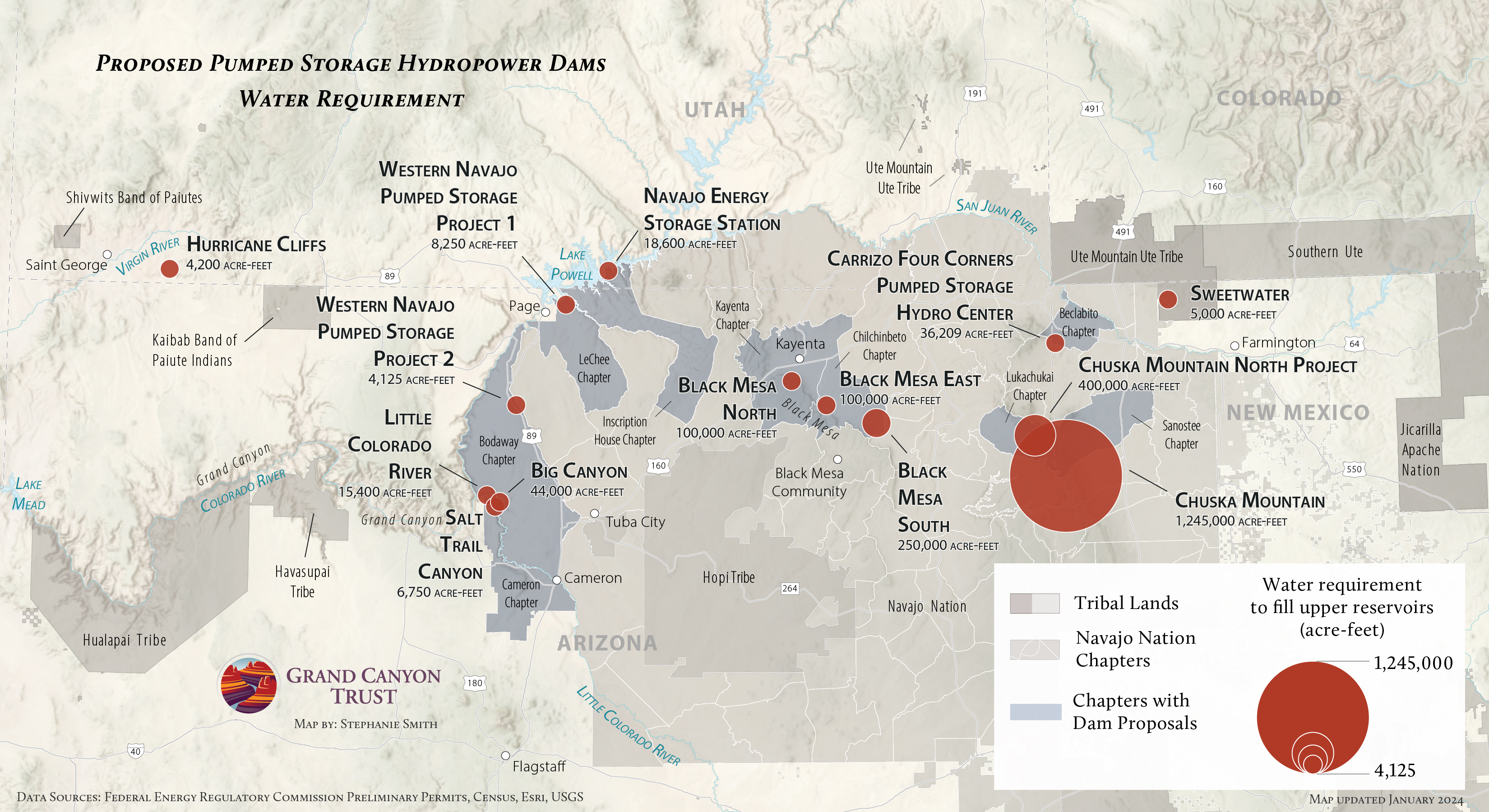 Water requirements for proposed pumped storage hydroelectric projects on Native lands. Map by Stephanie Smith
