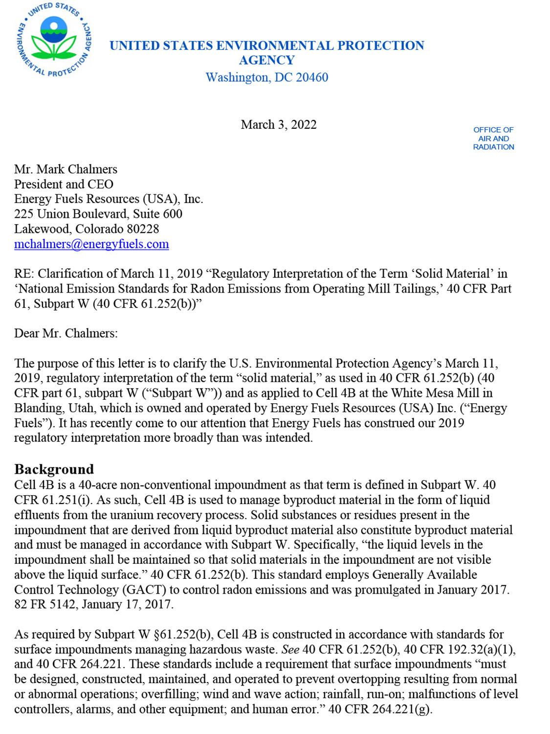 EPA letter to Energy Fuels re: unacceptability notice