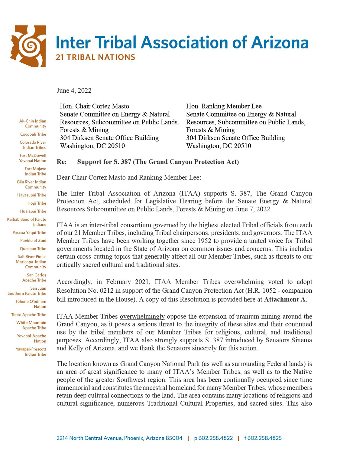 Inter Tribal Association of Arizona support for The Grand Canyon Protection Act