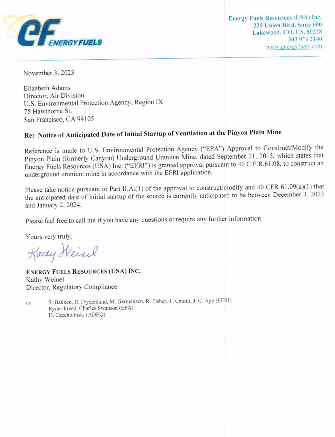 Read the letter from Energy Fuels