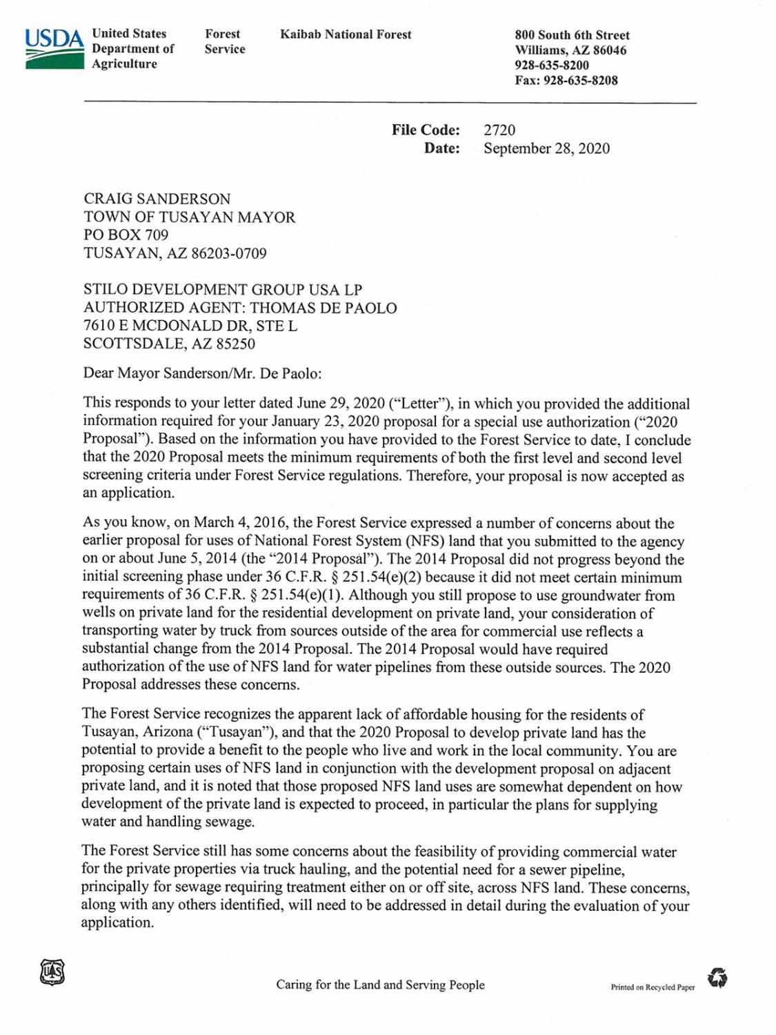 Forest Service letter to Tusayan