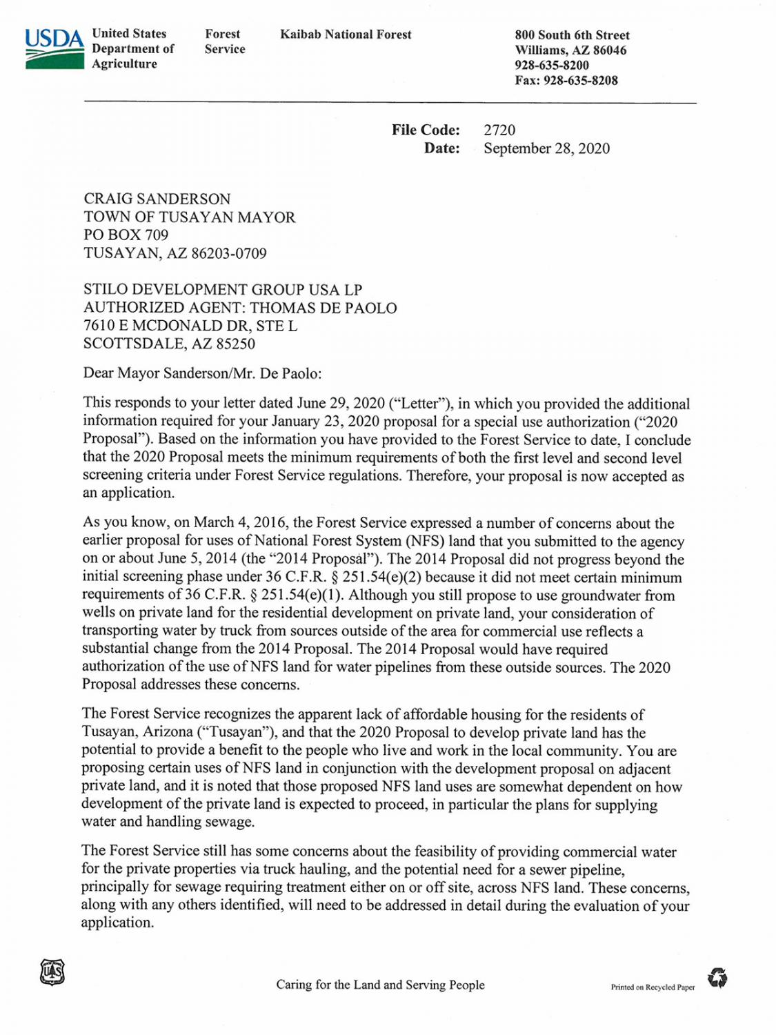 Forest Service letter to Tusayan